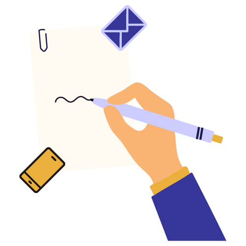 Main qui tient un stylo et écrit sur une feuille de papier attachée par un trombone, icône de mail et de téléphone